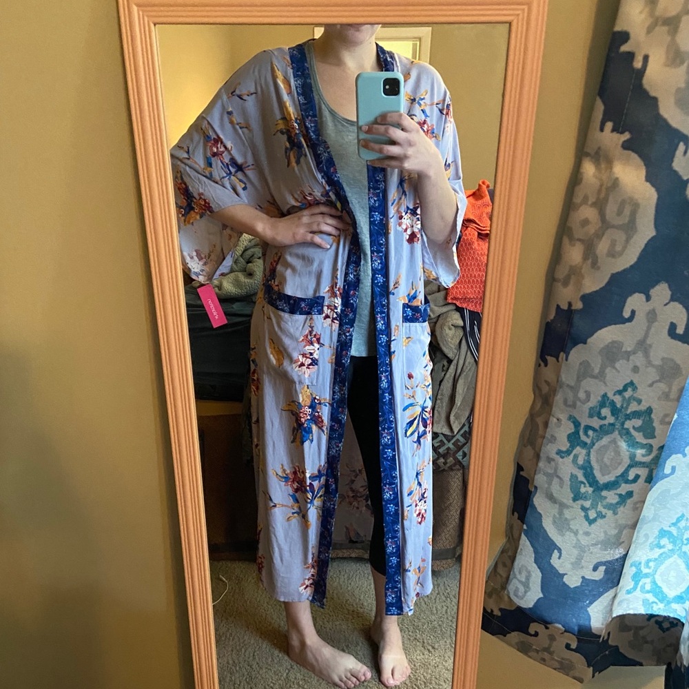 Long purple floral kimono with pockets